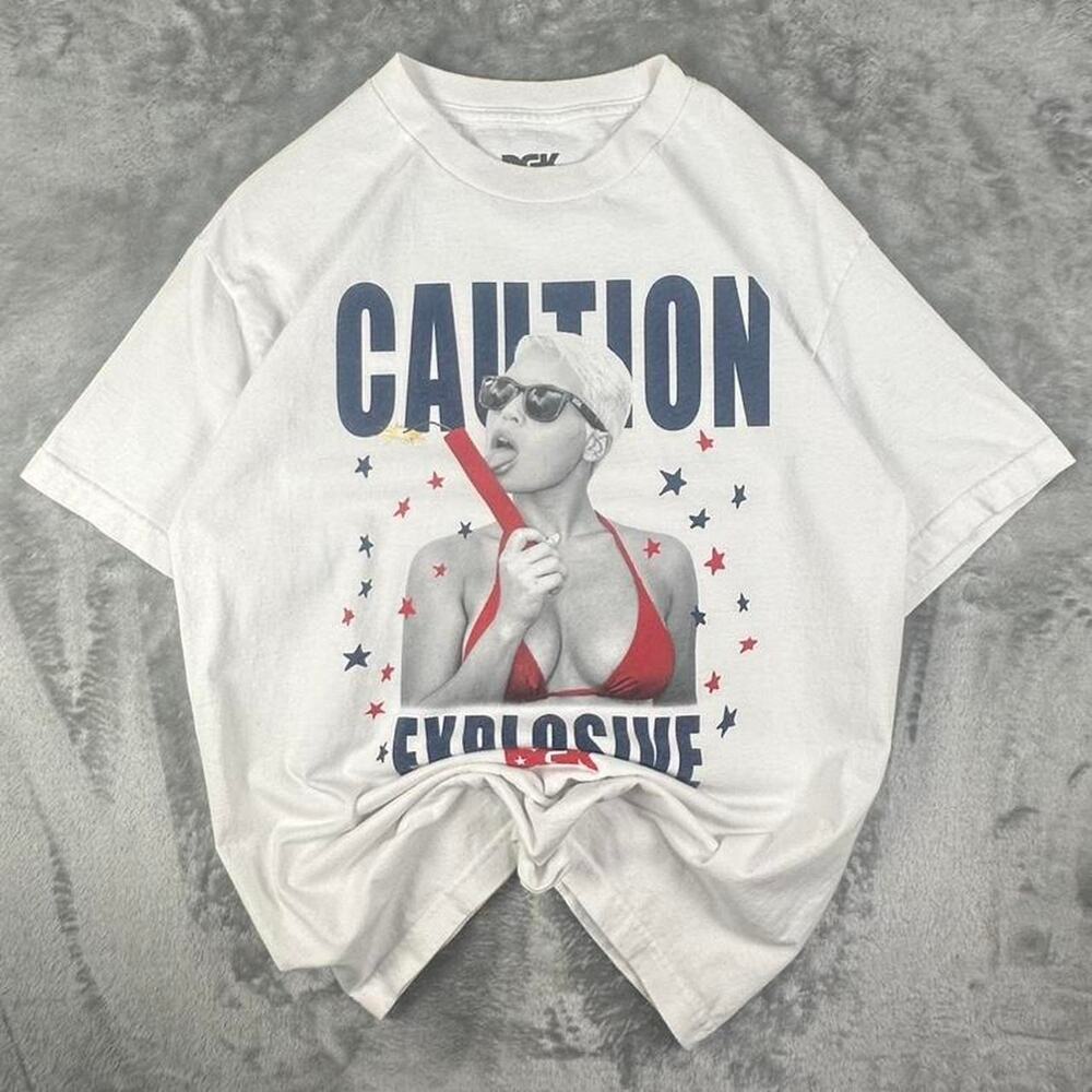 DGK “Caution Explosive” Amber Rose White Red/Blue Graphic T-shirt Size Medium